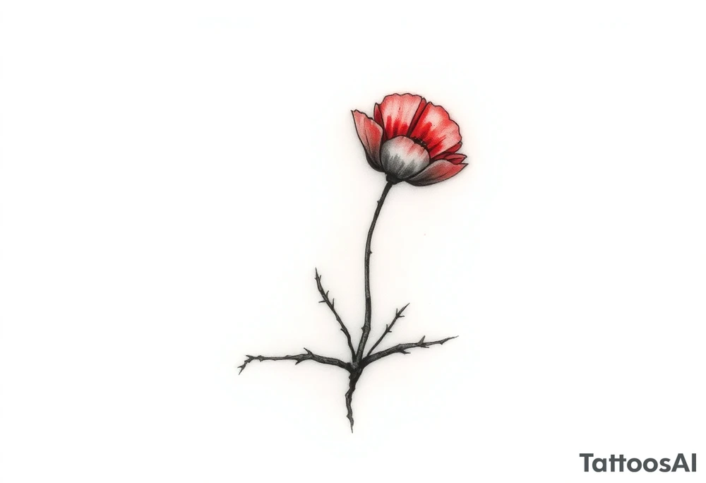 Single line drawing, artsy style, poppy growing up from cracks in pavement red watercolor coloring on poppy only back of ankle/heel or back of upper arm, more artistic rendering of cracks, very minimal/simplistic design tattoo idea