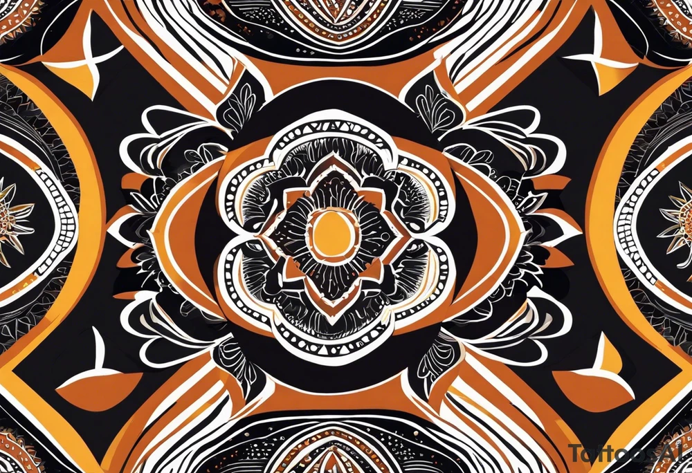 Ornement en longueur du coude à mi bras. Forme géométrique en longueur avec des signes aborigène australiens désignant les kangourous, la vie. Puis dessiner un soleil, des vagues et des feuilles en rapport à l’Australie ou Bali. tattoo idea