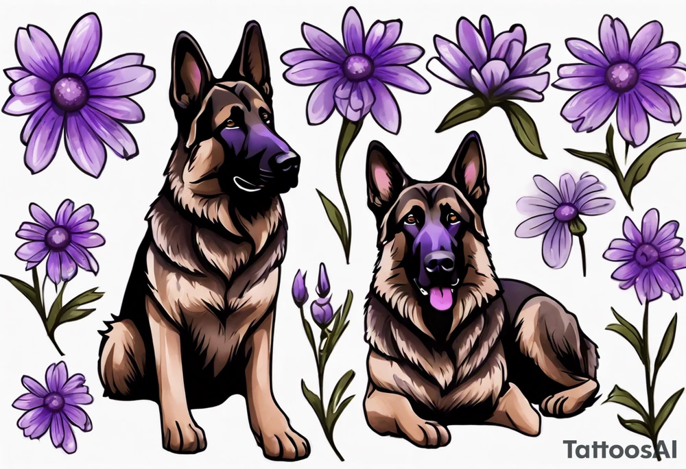 Dark brown German shepherd with purple daisies tattoo idea