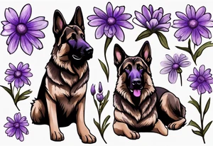 Dark brown German shepherd with purple daisies tattoo idea