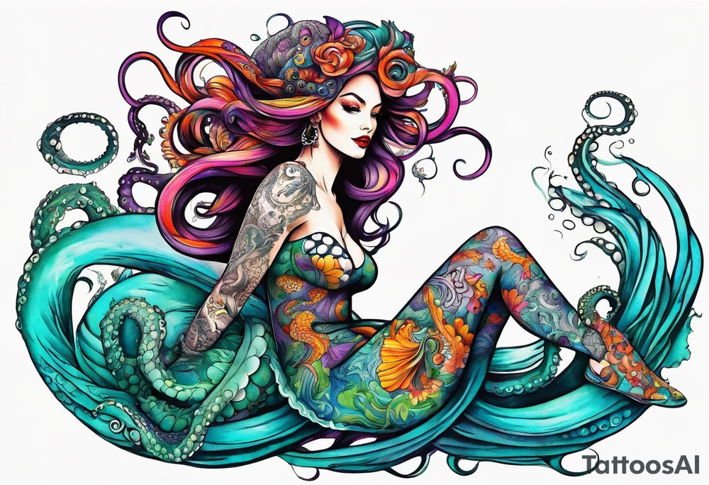 Sea witch with octopus tentacles for legs pinup style tattoo idea