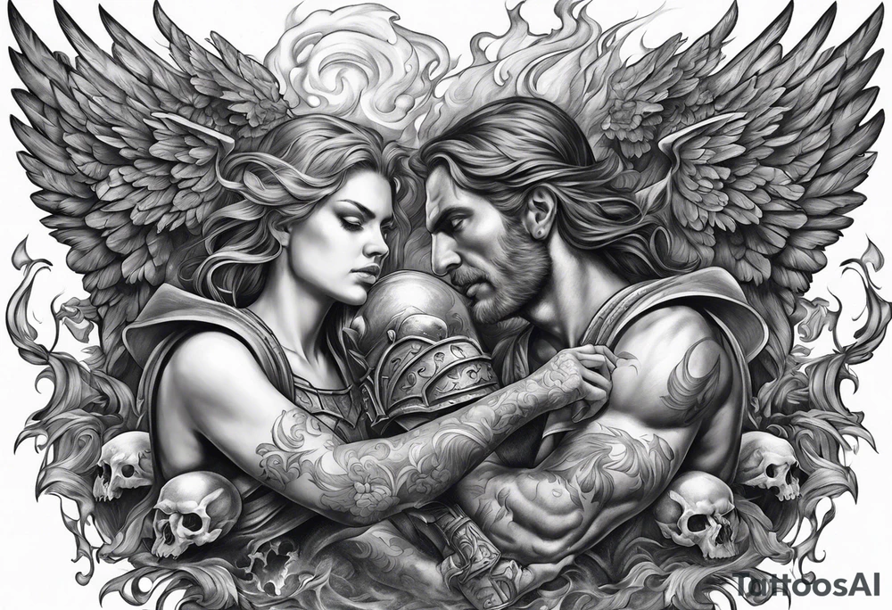 Angels fighting demons over fire with skulls in the background tattoo idea