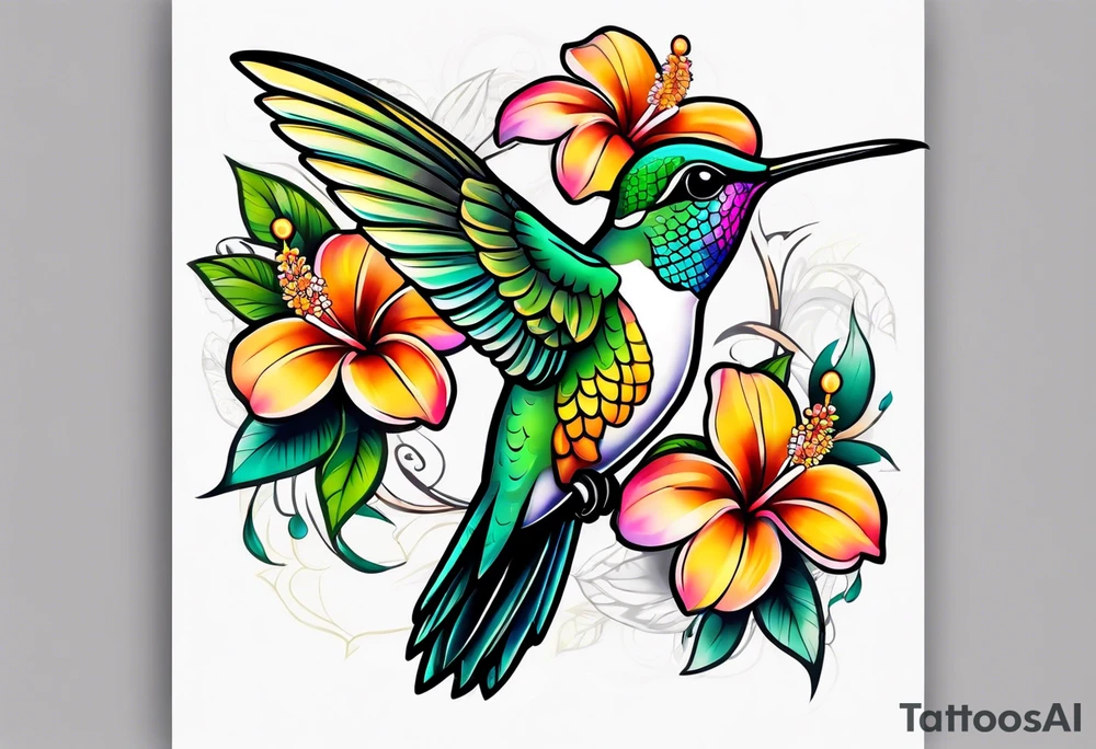 Hummingbird with a plumeria masculine style colorful tattoo idea