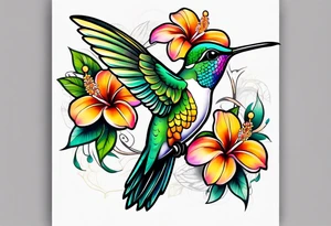 Hummingbird with a plumeria masculine style colorful tattoo idea