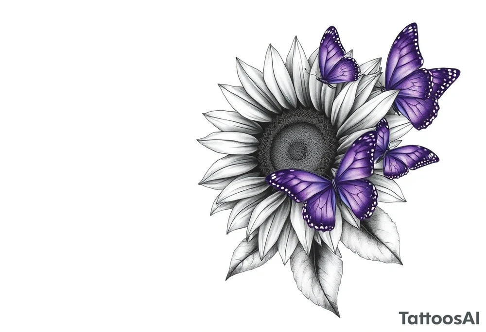 Sunflower with purple butterflies on side tattoo idea