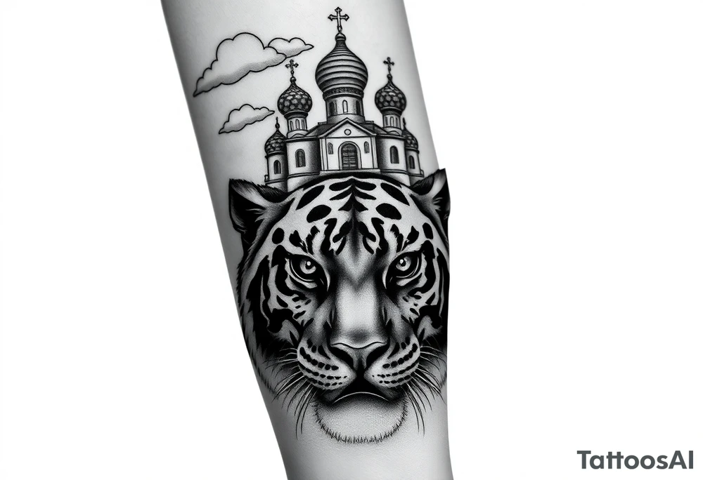 Realistic tiger face on the back of the hand with its eyes ALL black and no pupils, sitting beneath a Russian Orthodox cathedral sitting above on the top fore arm with onion domes and orthodox crosses. with clouds above and a virgin mary tattoo idea