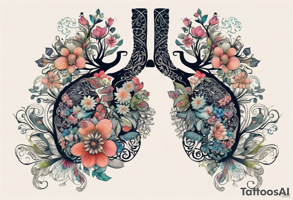 intricate and artistic arrangement of flowers and ornamental patterns that come together to form the shape of human lungs. The design should have a balance of delicacy and detail, with vibrant floral elements seamlessly intertwining to mimic the structure of the lungs, including the bronchi branching into floral motifs. Incorporate subtle shading and depth to give the tattoo a dynamic and organic feel, while maintaining elegance and symmetry, embrace by an octopus tattoo idea