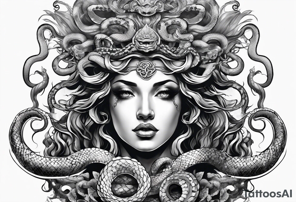 arm tattoo of Medusa as a statue with snakes for hair tattoo idea