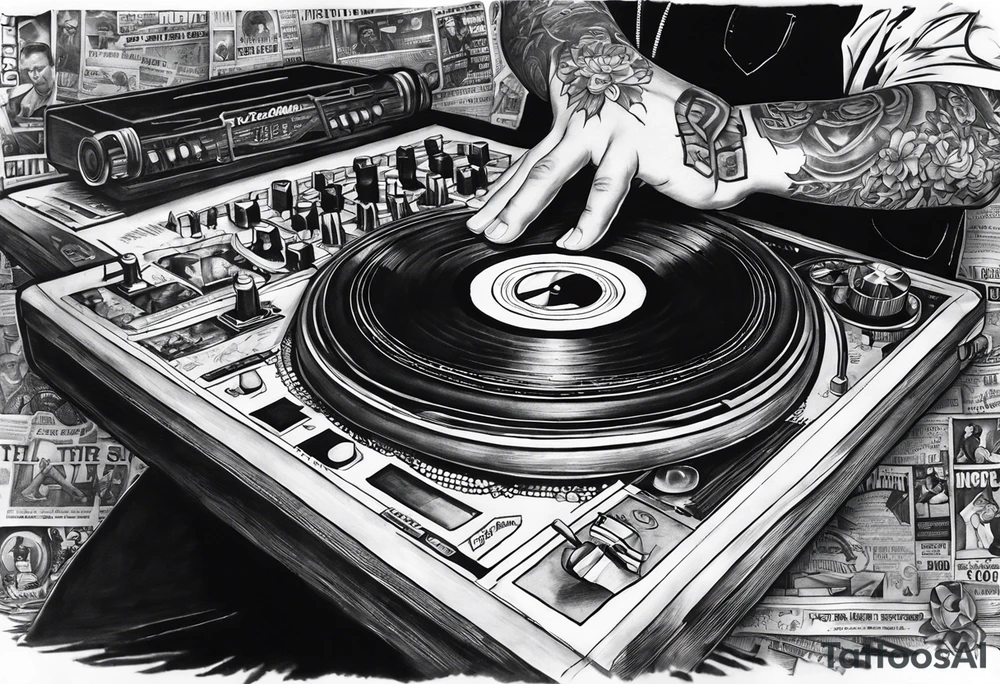 Cool front page newspaper tattoo about dj crushing the dance floor. Include best Raleigh NC DJ from Long Island. Unique hand tattoo design tattoo idea