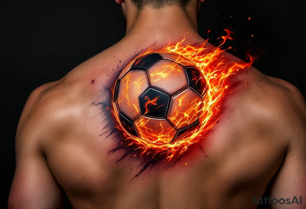 A hyper-realistic soccer ball on fire, shaded in deep reds, oranges, and black. tattoo idea