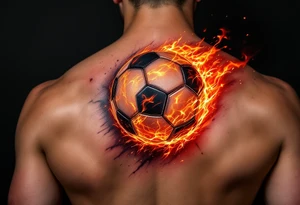 A hyper-realistic soccer ball on fire, shaded in deep reds, oranges, and black. tattoo idea