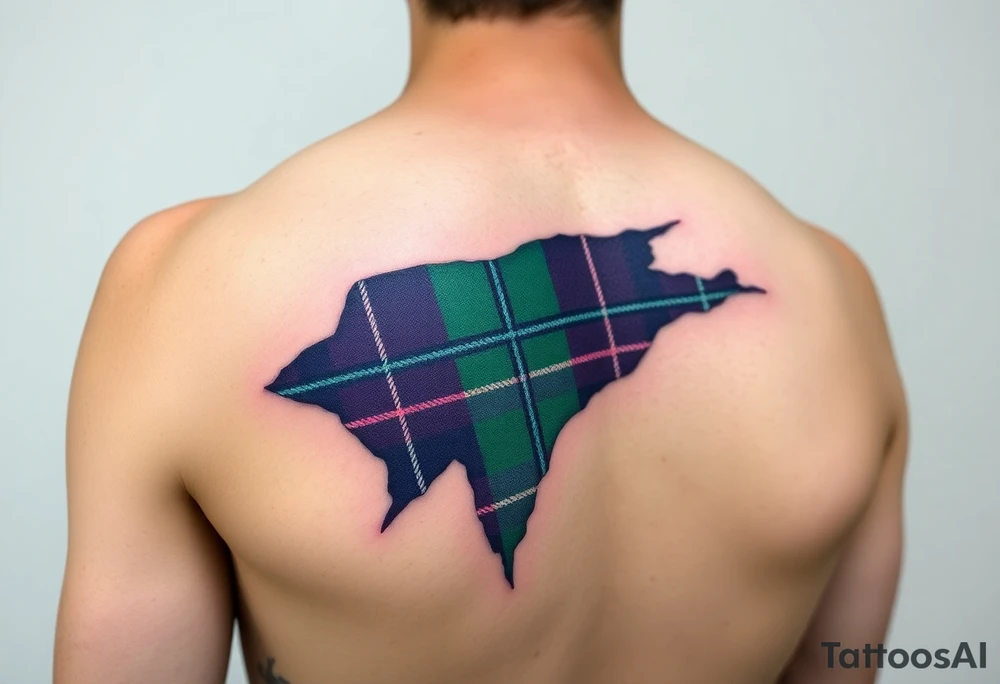 Side of arm Dark Purple with green pink blue and white highlights tartan fabric with skin peeling away at edges tattoo idea