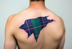 Side of arm Dark Purple with green pink blue and white highlights tartan fabric with skin peeling away at edges tattoo idea