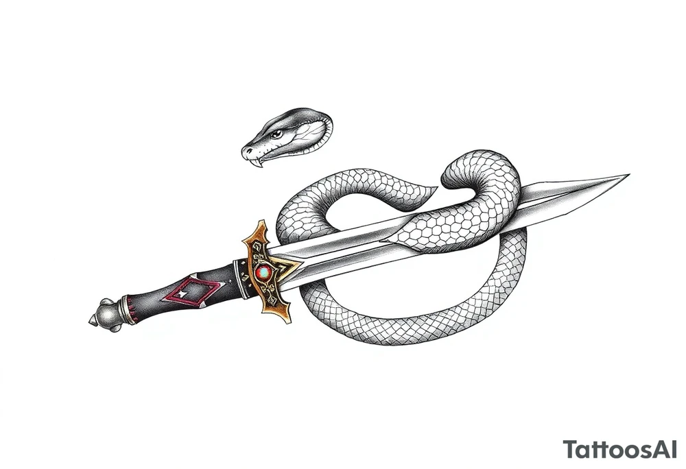 mystical snake coiled around an ancient dagger with jeweled hilt tattoo idea