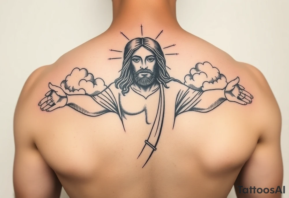 magestic christ with clouds black and white tattoo idea
