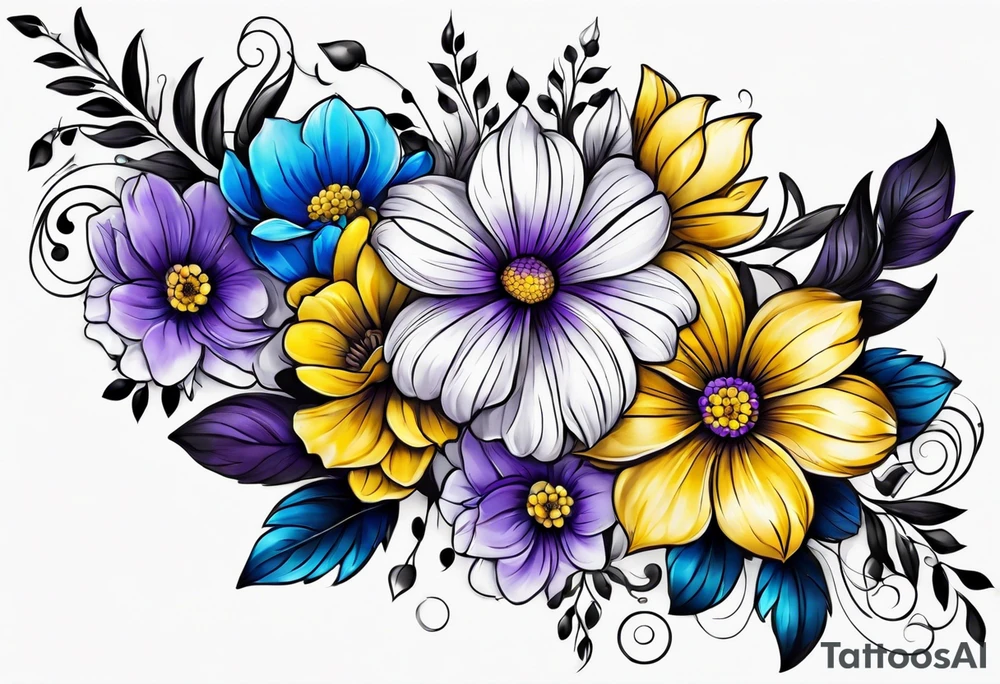 Arm sleeve with purple, yellow and blue flowers tattoo idea
