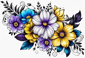 Arm sleeve with purple, yellow and blue flowers tattoo idea