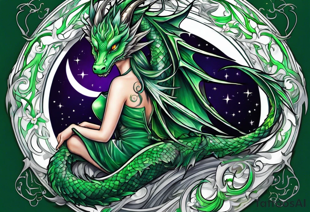 Moon fairy green dragon tattoo idea