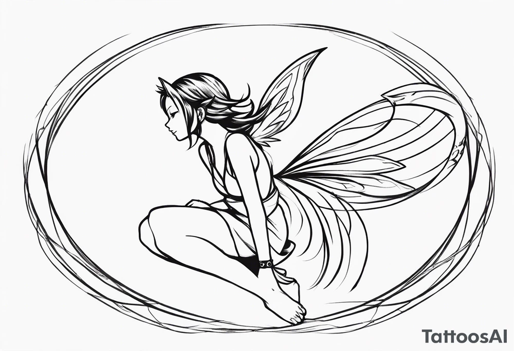 No color sideways sketch of a fairy with a tail inspired by the guild symbol in the anime show called Fairy Tail in a fetal position leaning forward while crawled in with hands a bit forward and her body is an angle while floating in the air tattoo idea