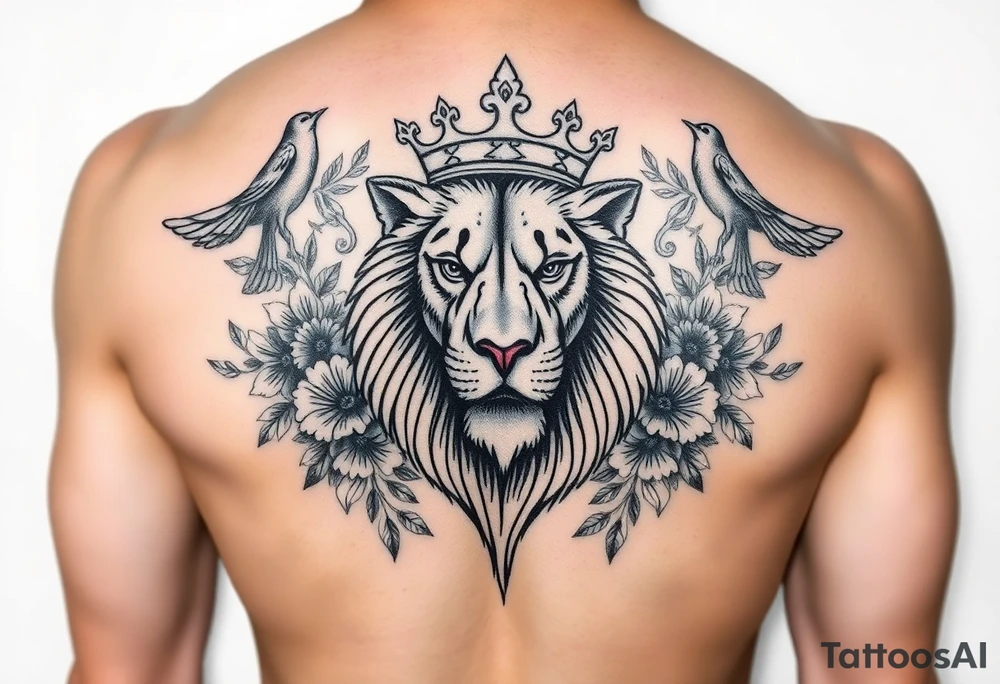 powerful majestic lion with a crown, surrounded by floral ornaments and birds tattoo idea