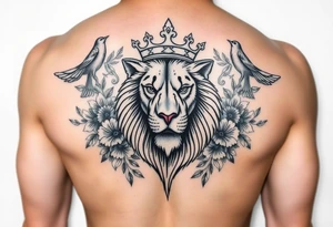 powerful majestic lion with a crown, surrounded by floral ornaments and birds tattoo idea