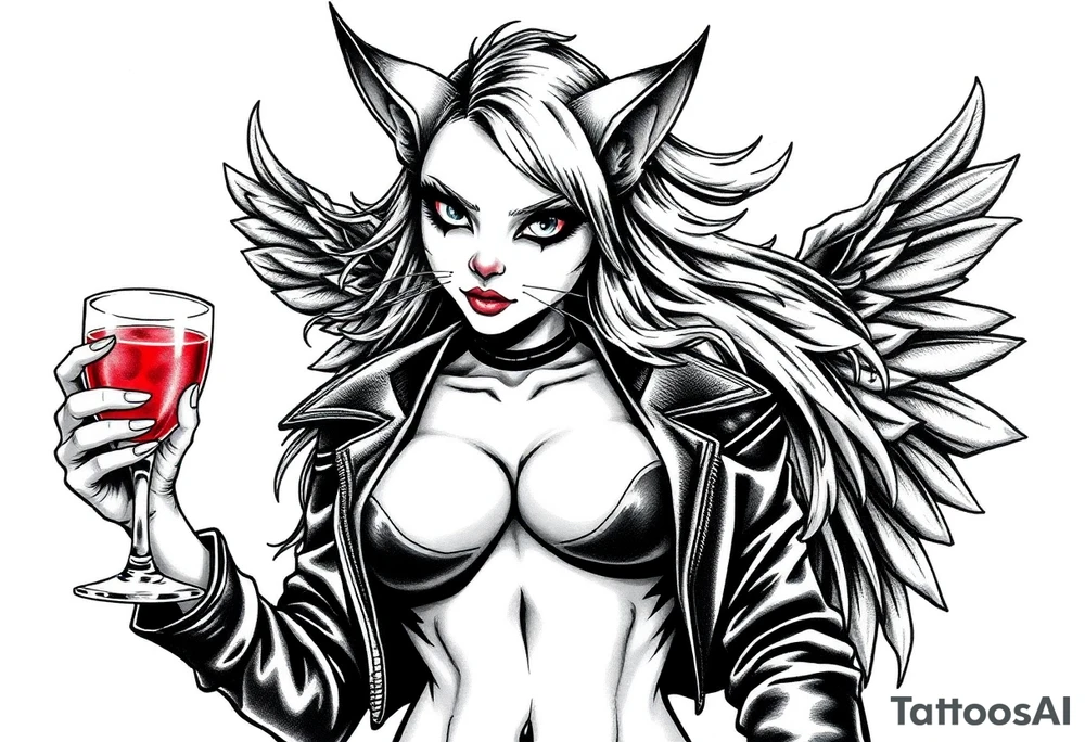 naked catgirl, slut, angry, leather, holding cocktail tattoo idea