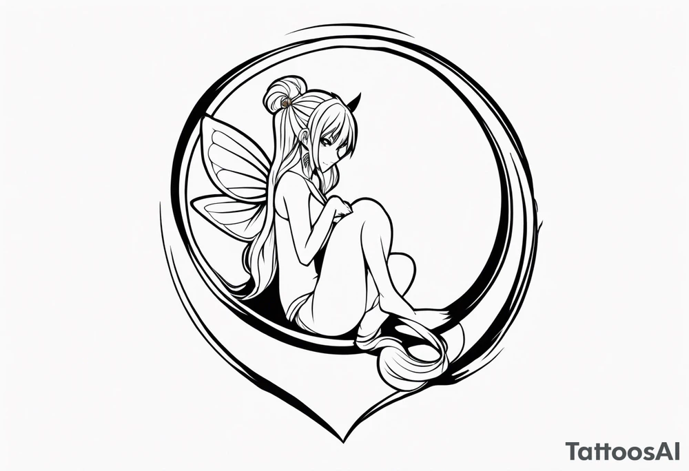 A fairy with a tail inspired by the logo of the anime show called Fairy Tail in a fetal position leaning in tattoo idea
