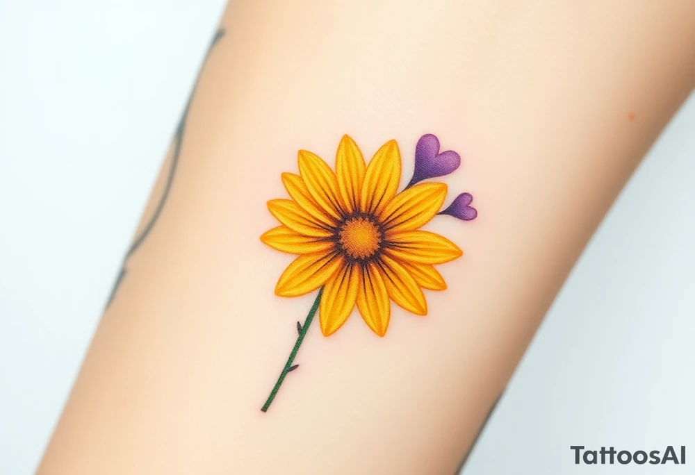 Yellow daisy flower with Purple Hearts tattoo idea