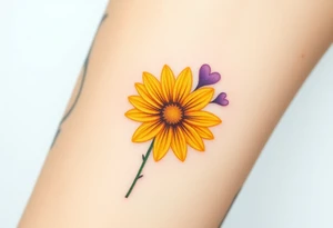 Yellow daisy flower with Purple Hearts tattoo idea