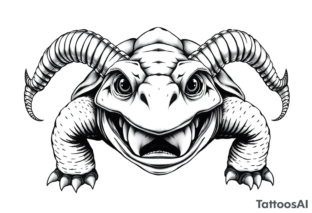 2 slaves powerful and angry turtle with goat horns and huge teeth and ALIEN EYES tattoo idea