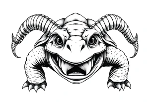 2 slaves powerful and angry turtle with goat horns and huge teeth and ALIEN EYES tattoo idea
