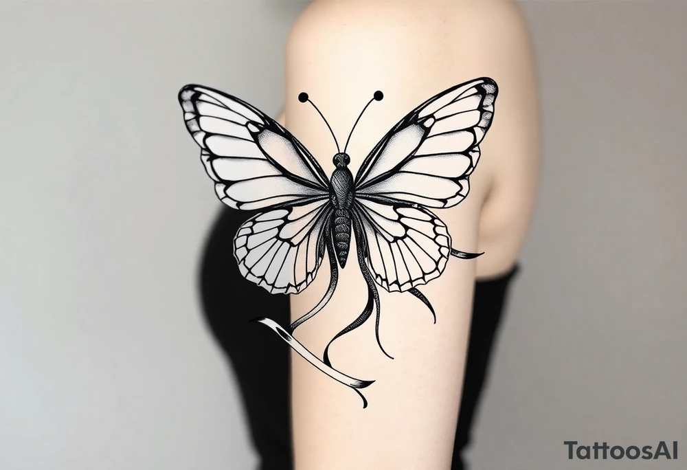 ethereal butterfly with flowing silk ribbons in moonlight tattoo idea