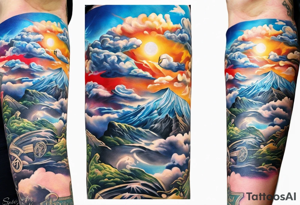 realistic forearm sleeve of money,kids, clouds,journey, bible verses, ninja style tattoo idea