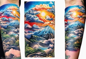 realistic forearm sleeve of money,kids, clouds,journey, bible verses, ninja style tattoo idea