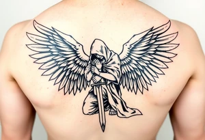 Warrior Angel with long sword  kneeling looking down cloak over head wings
 spread tattoo idea