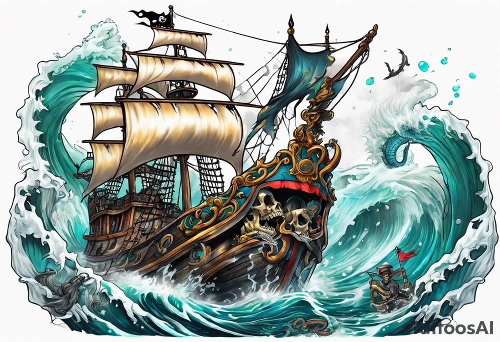 skeleton pirates fighting a sea serpent tattoo idea