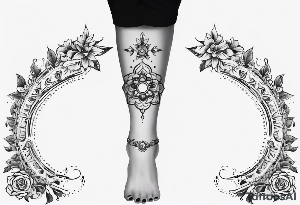 Ankle bracelet tattoo with ornamental feminine style and larger in the centre tattoo idea