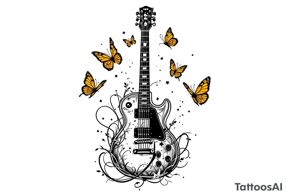 An electric guitar plugged into an amp with 5 butterflies flying around it tattoo idea