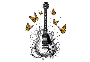 An electric guitar plugged into an amp with 5 butterflies flying around it tattoo idea