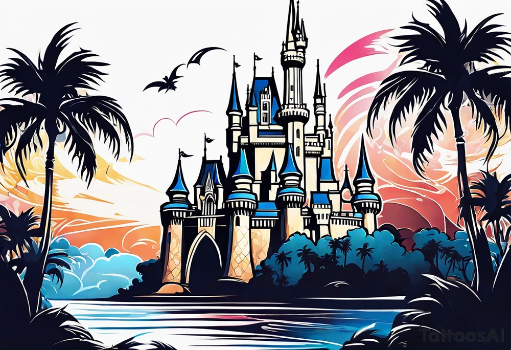 disney castle with lightning palm trees and a karambit tattoo idea