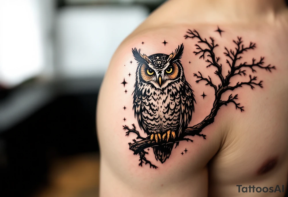 wise owl perched on ancient oak branch under starlit sky tattoo idea