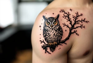 wise owl perched on ancient oak branch under starlit sky tattoo idea