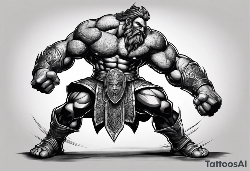 full body strong mythical giant turned to the side about to punch something stipple shading tattoo idea