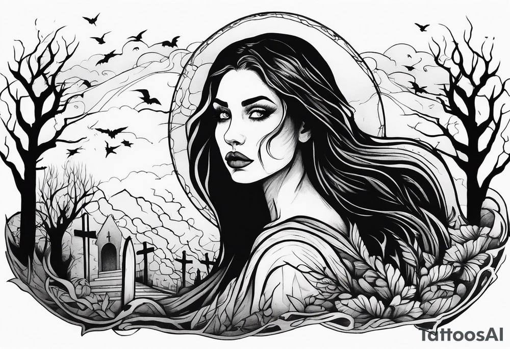 Courageous Woman with a tear running down her face walking out of a graveyard  leaving her old terrifying, scary, violent past behind her ethereal and mysterious tattoo idea