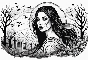 Courageous Woman with a tear running down her face walking out of a graveyard  leaving her old terrifying, scary, violent past behind her ethereal and mysterious tattoo idea