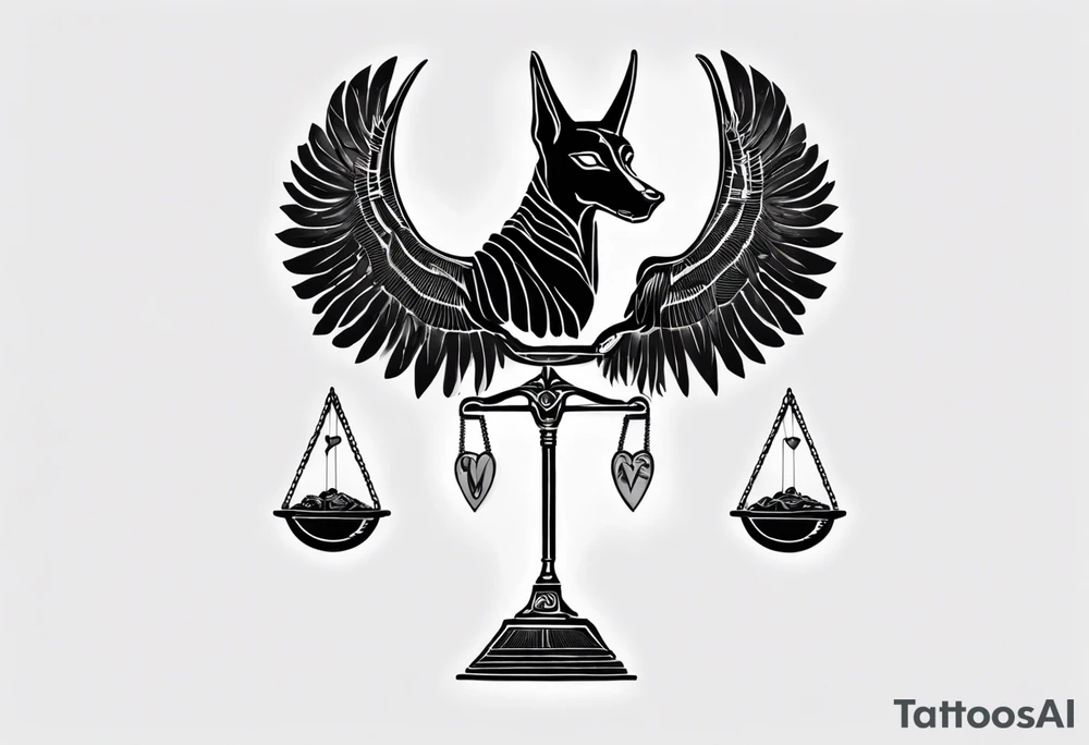 heart and feather on scales anubis weighing of the souls tattoo idea