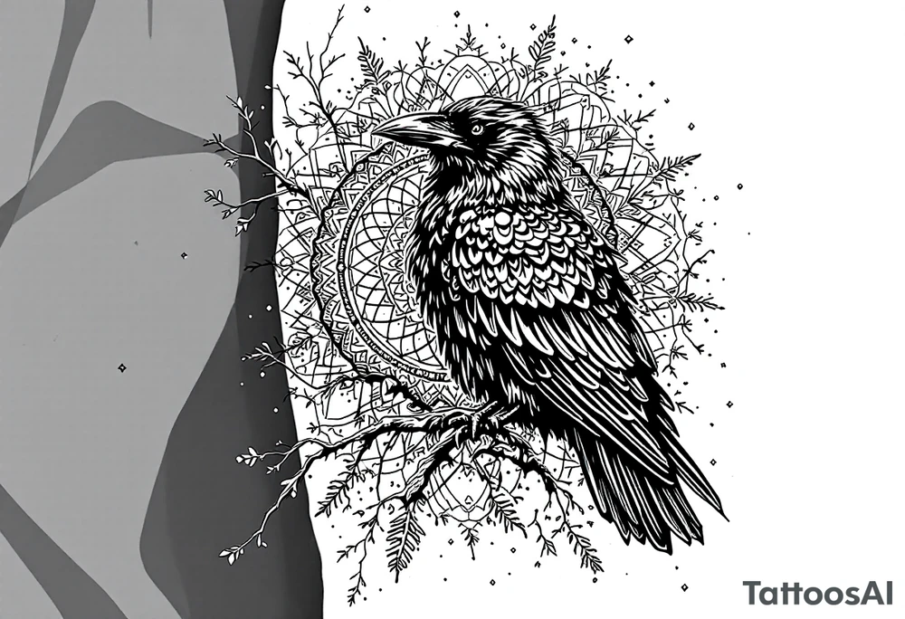 left arm tattoo of a raven on a branch surrounded by mandala tattoo idea
