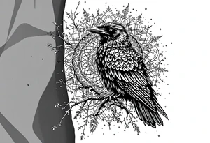 left arm tattoo of a raven on a branch surrounded by mandala tattoo idea