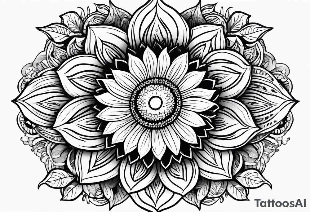 Beautiful symmetrical sunflowers with the word NAJE in the middle tattoo idea