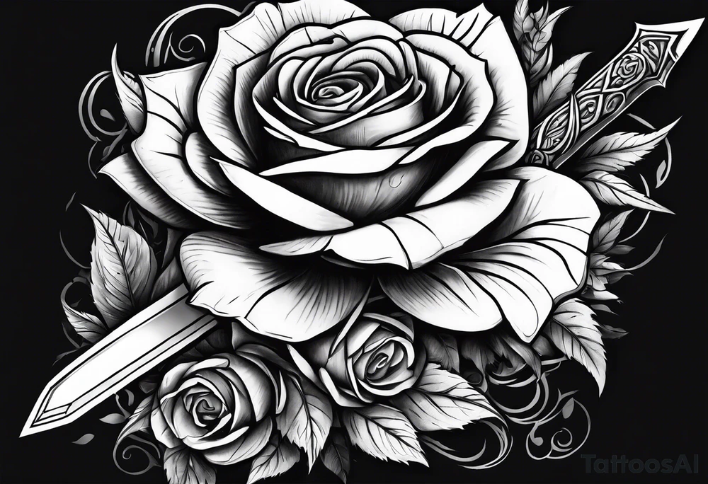 sword with rose and thorns background tattoo idea